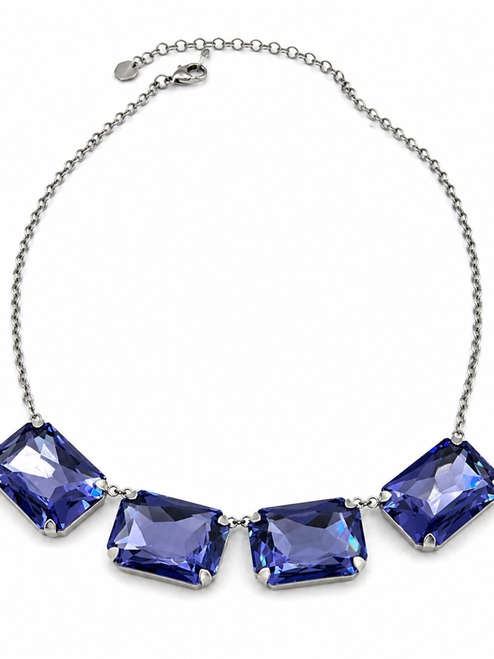 Women's Silver Chain Necklace with Blue Crystal Rectangles